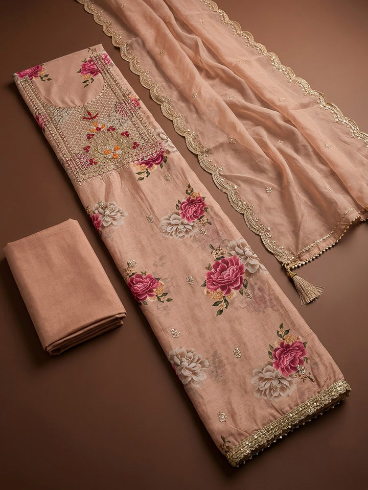 Peach Chanderi Embroidered Unstitched Dress Material