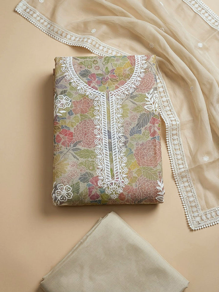 Beige Chanderi Embroidered Unstitched Dress Material