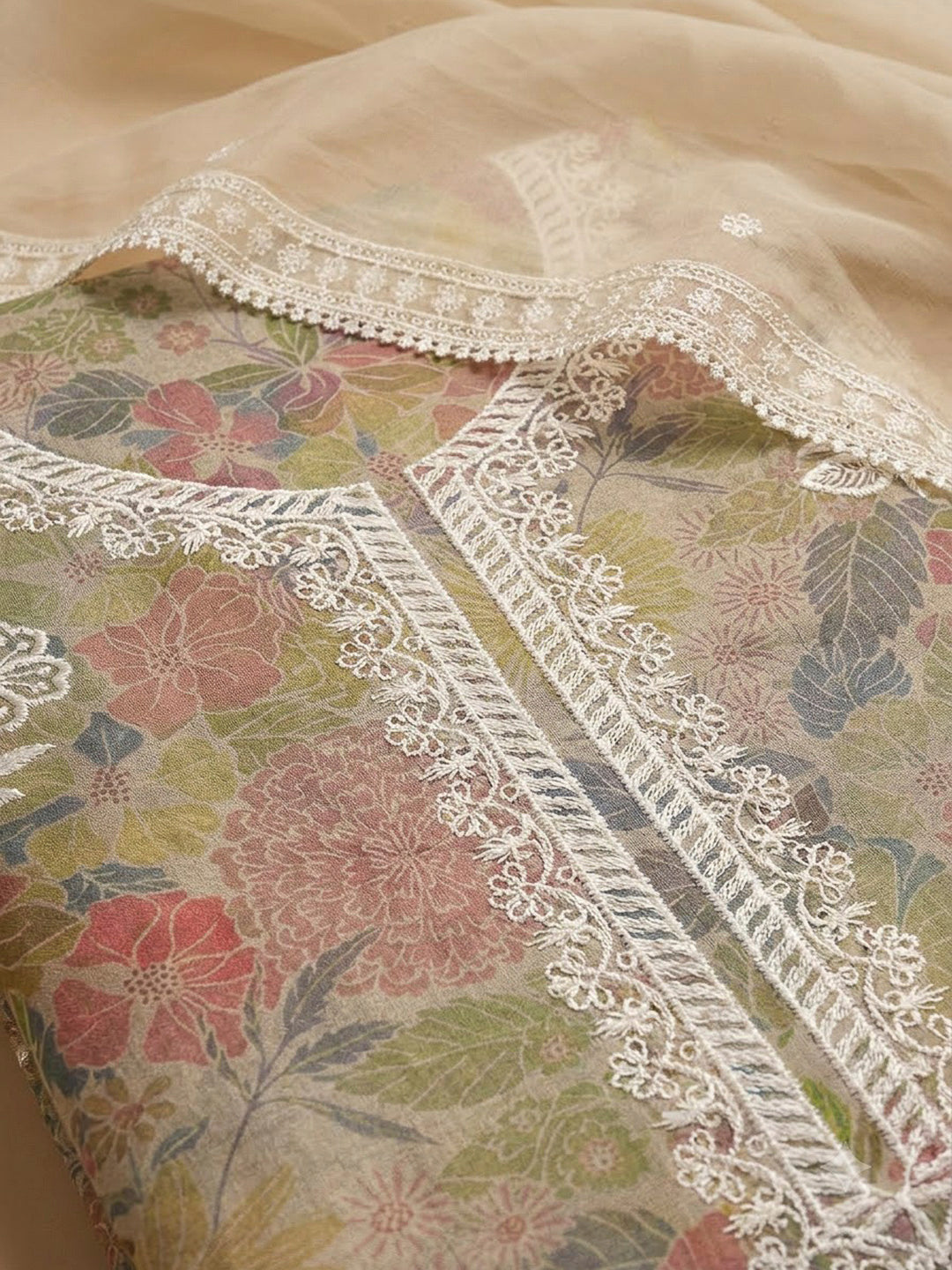 Beige Chanderi Embroidered Unstitched Dress Material