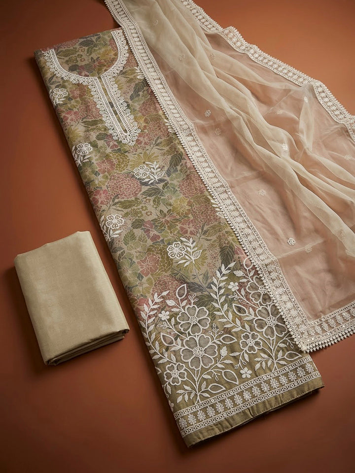 Beige Chanderi Embroidered Unstitched Dress Material