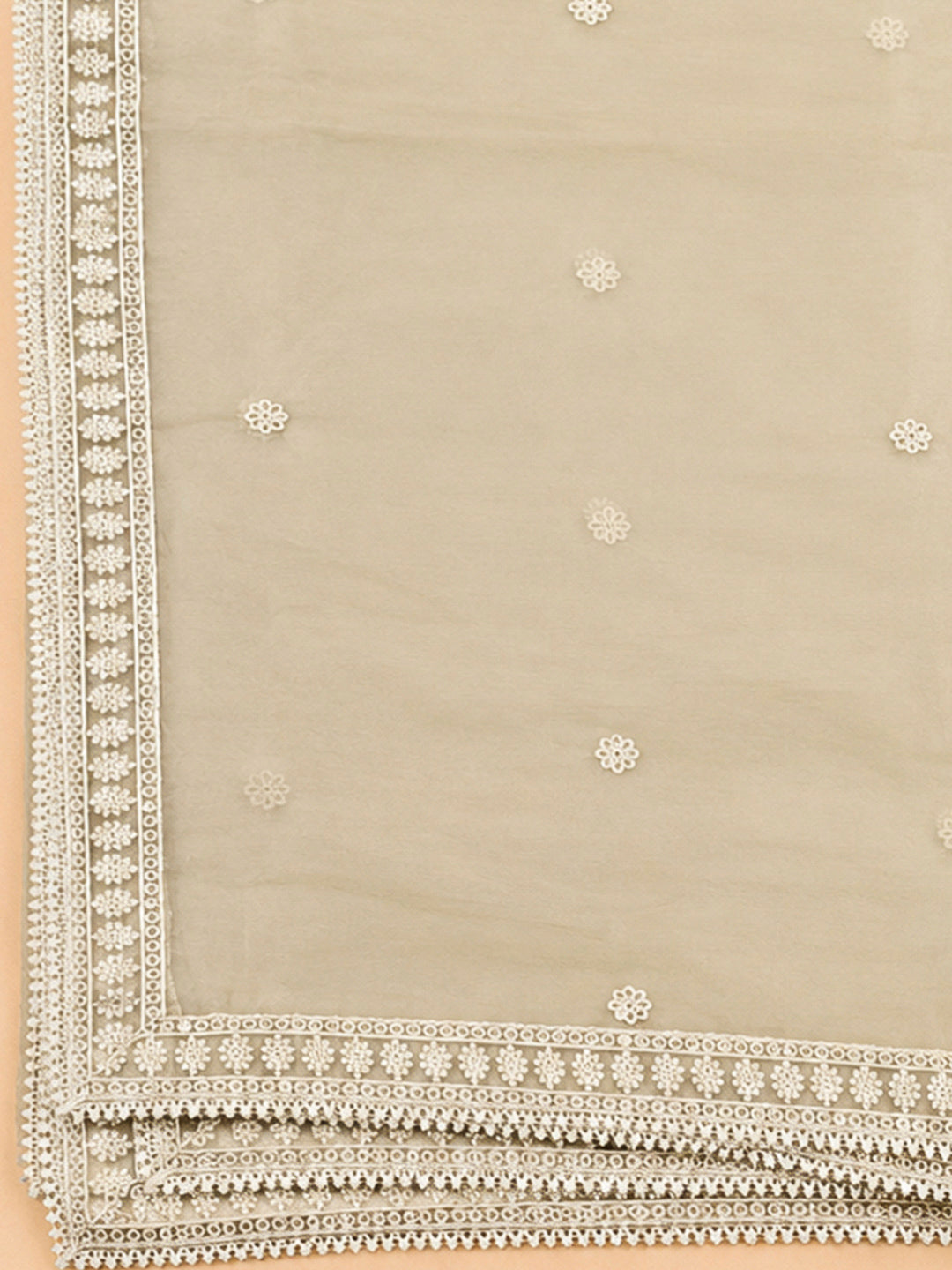 Beige Chanderi Embroidered Unstitched Dress Material