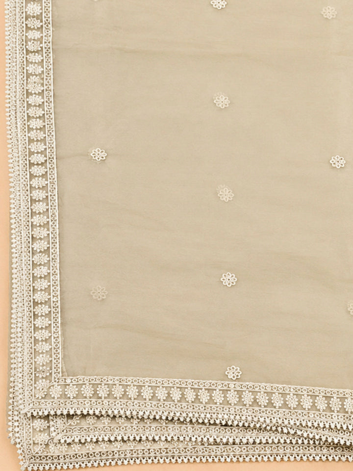 Beige Chanderi Embroidered Unstitched Dress Material