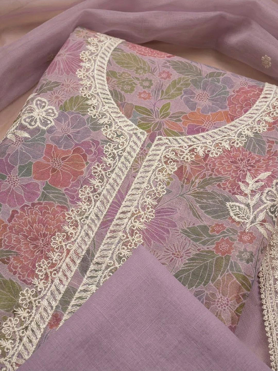 Onion Pink Chanderi Embroidered Unstitched Dress Material