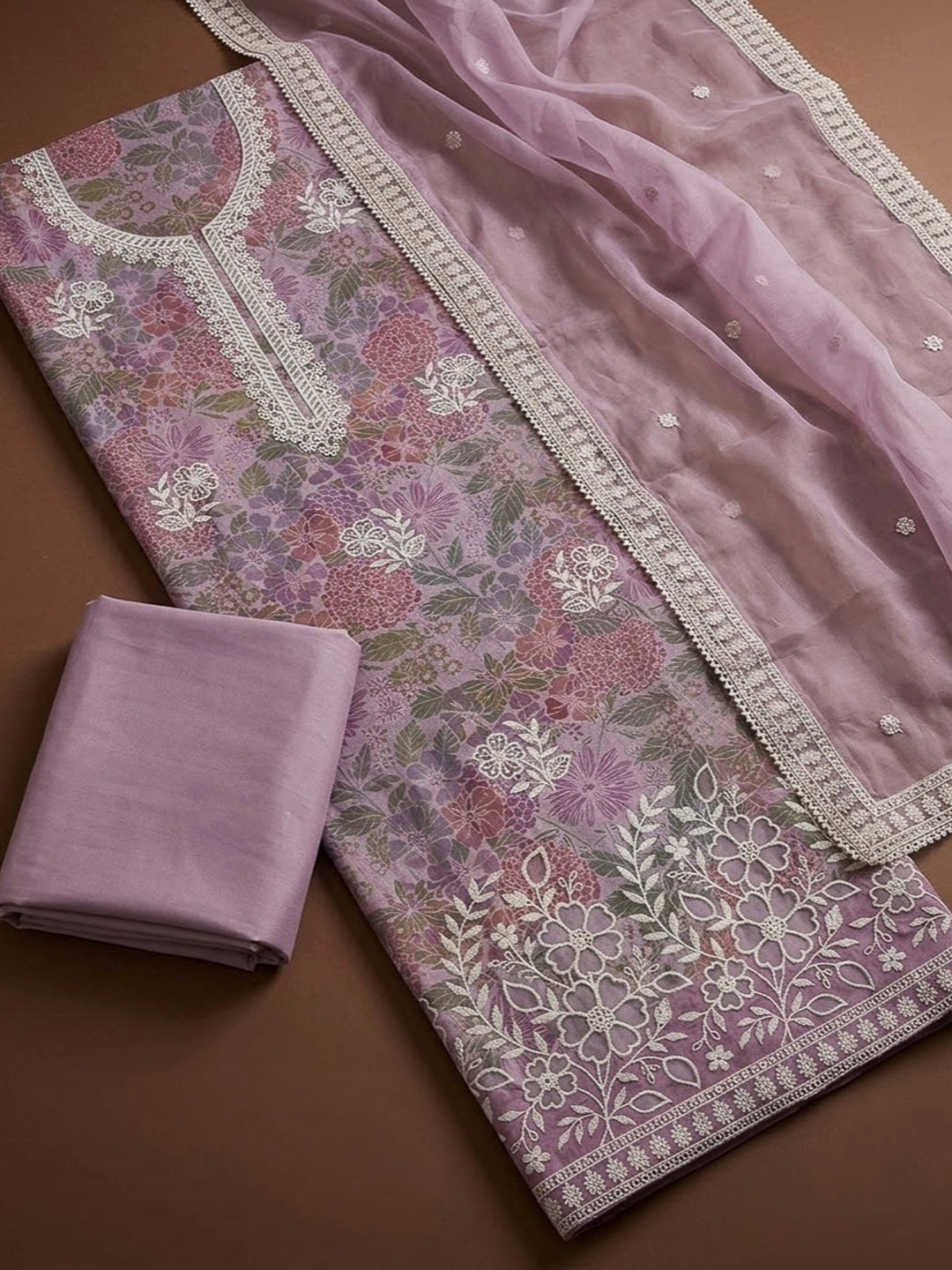 Onion Pink Chanderi Embroidered Unstitched Dress Material