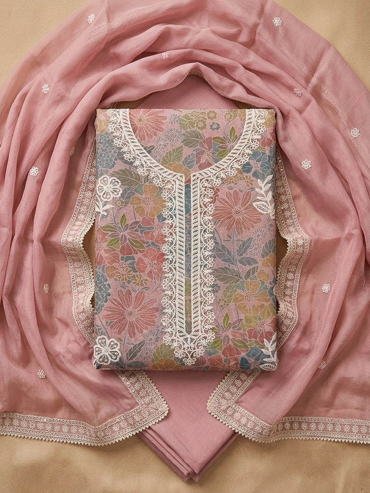 Peach Chanderi Embroidered Unstitched Dress Material
