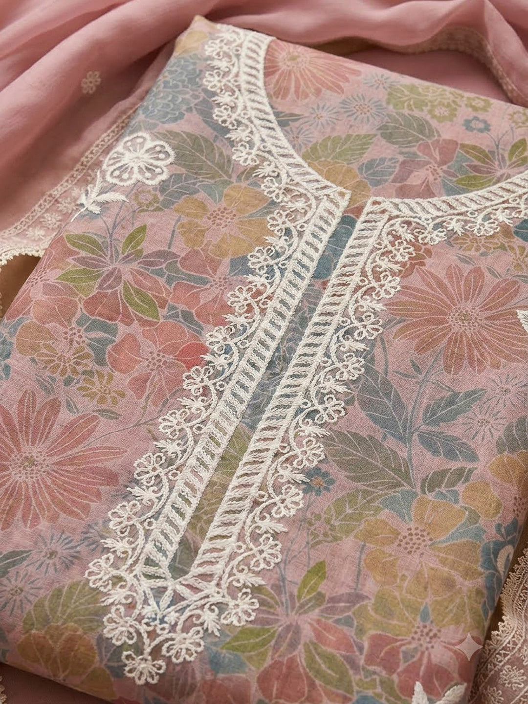 Peach Chanderi Embroidered Unstitched Dress Material