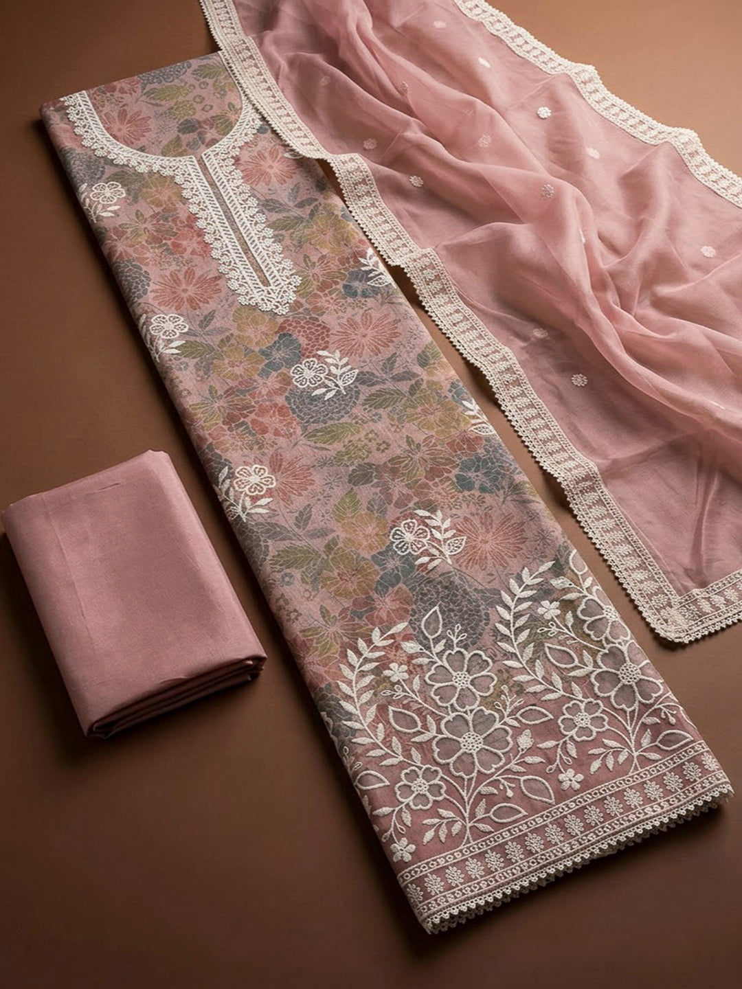 Peach Chanderi Embroidered Unstitched Dress Material