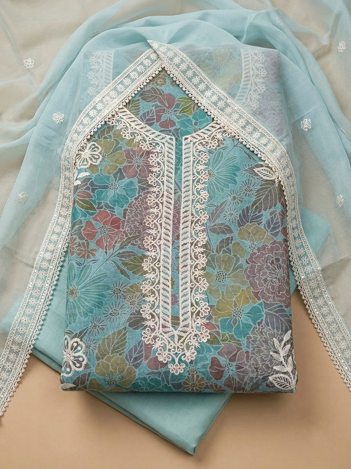 Sky Blue Chanderi Embroidered Unstitched Dress Material