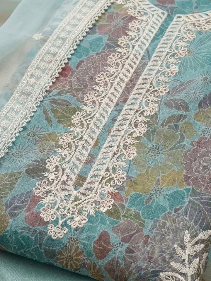Sky Blue Chanderi Embroidered Unstitched Dress Material