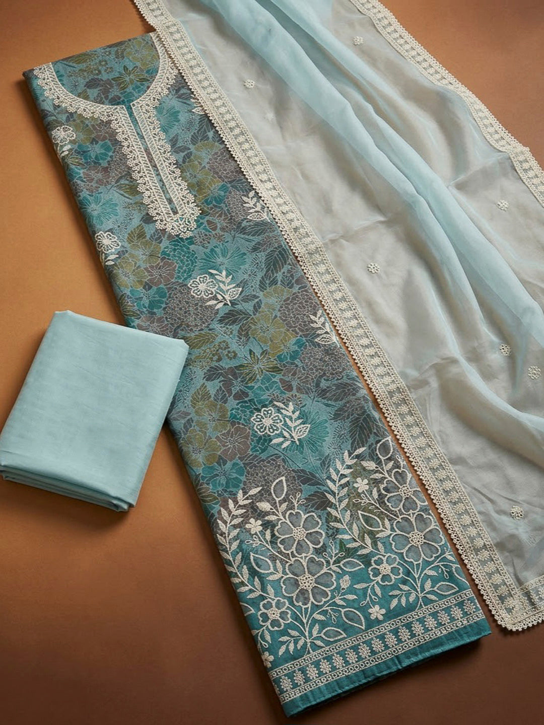 Sky Blue Chanderi Embroidered Unstitched Dress Material