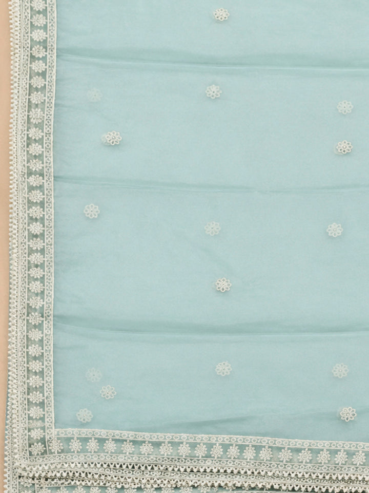 Sky Blue Chanderi Embroidered Unstitched Dress Material