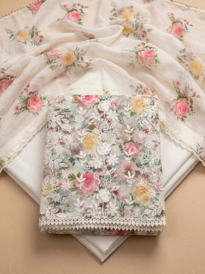 Off White Chanderi Embroidered Unstitched Dress Material