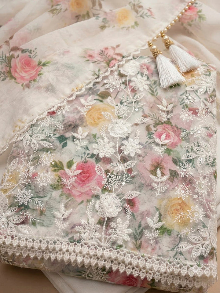 Off White Chanderi Embroidered Unstitched Dress Material