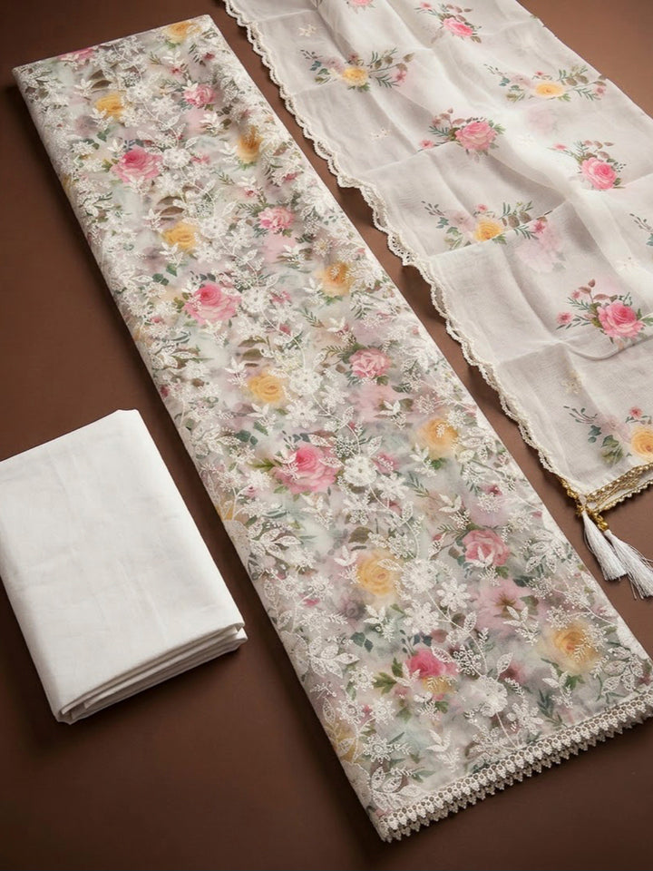 Off White Chanderi Embroidered Unstitched Dress Material