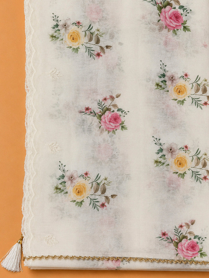 Off White Chanderi Embroidered Unstitched Dress Material