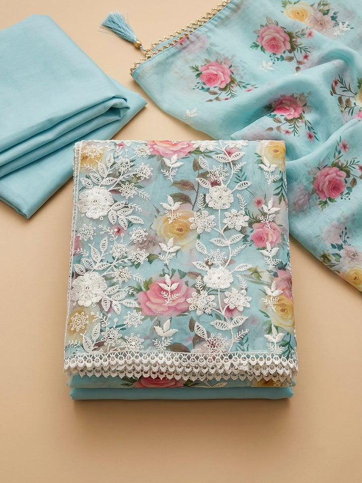 Sky Blue Chanderi Embroidered Unstitched Dress Material