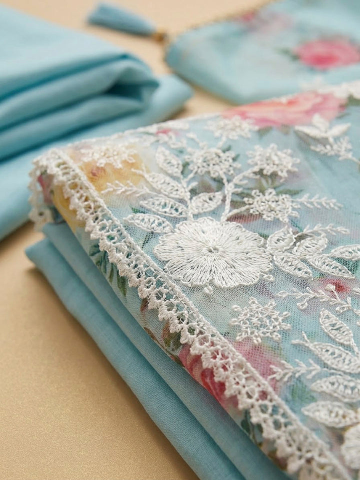 Sky Blue Chanderi Embroidered Unstitched Dress Material
