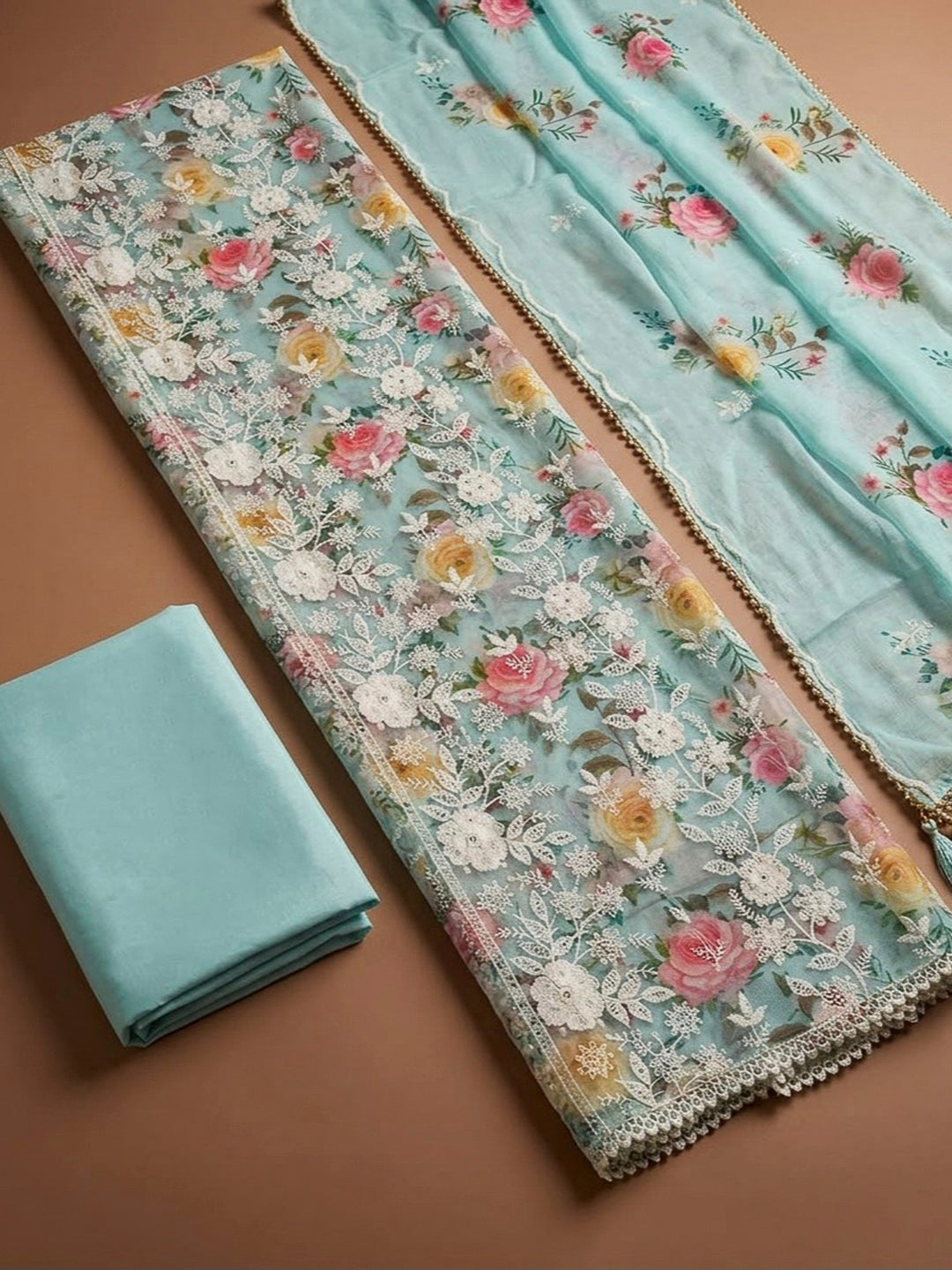 Sky Blue Chanderi Embroidered Unstitched Dress Material