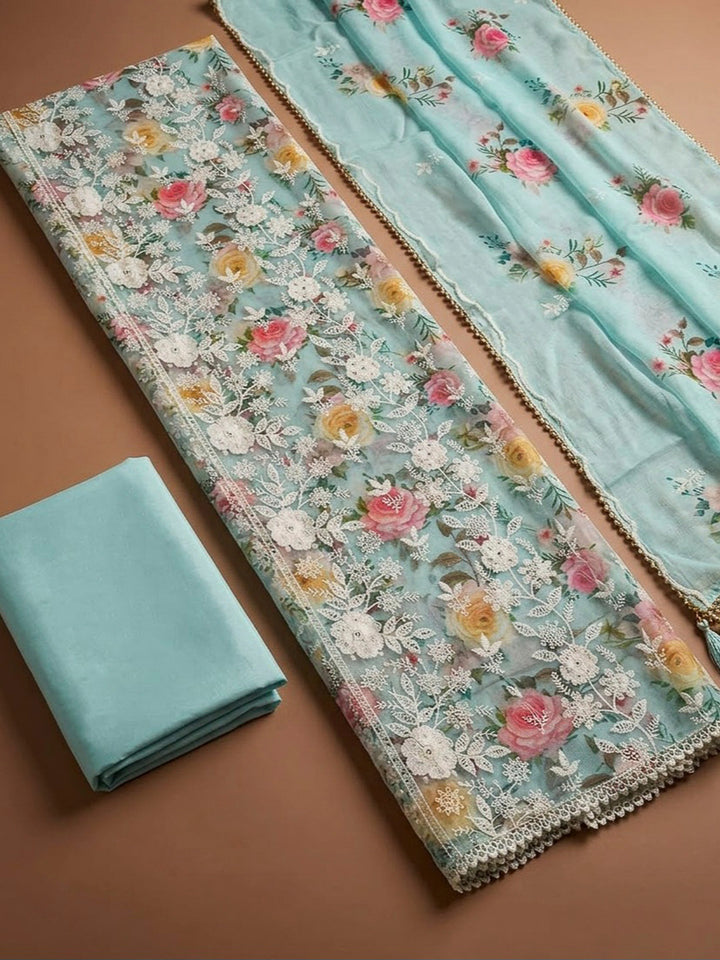 Sky Blue Chanderi Embroidered Unstitched Dress Material