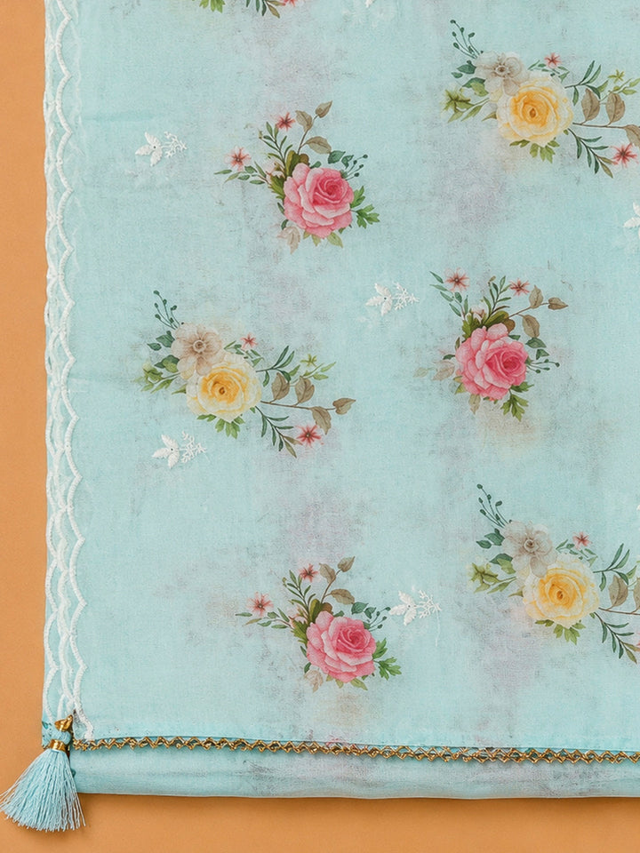 Sky Blue Chanderi Embroidered Unstitched Dress Material