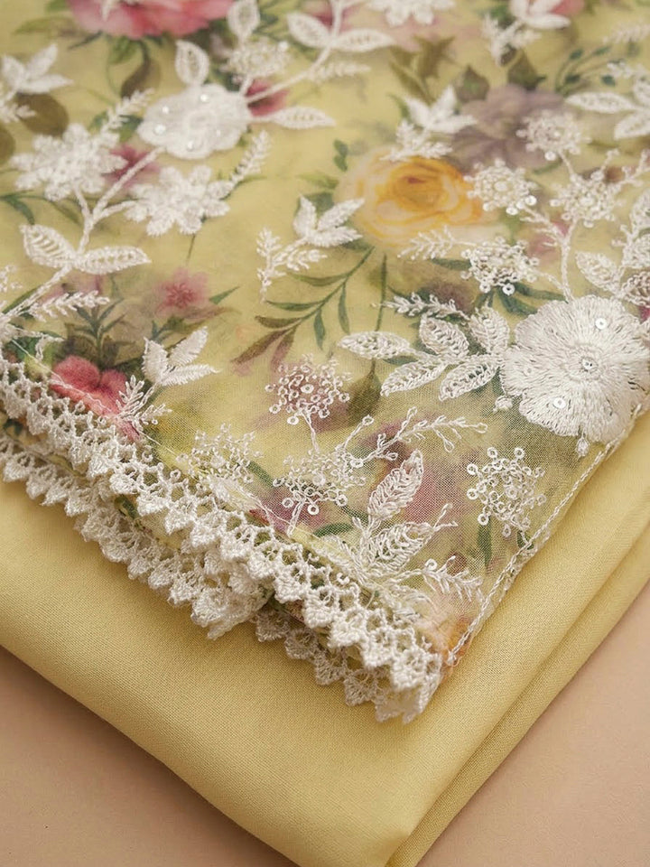Yellow Chanderi Embroidered Unstitched Dress Material