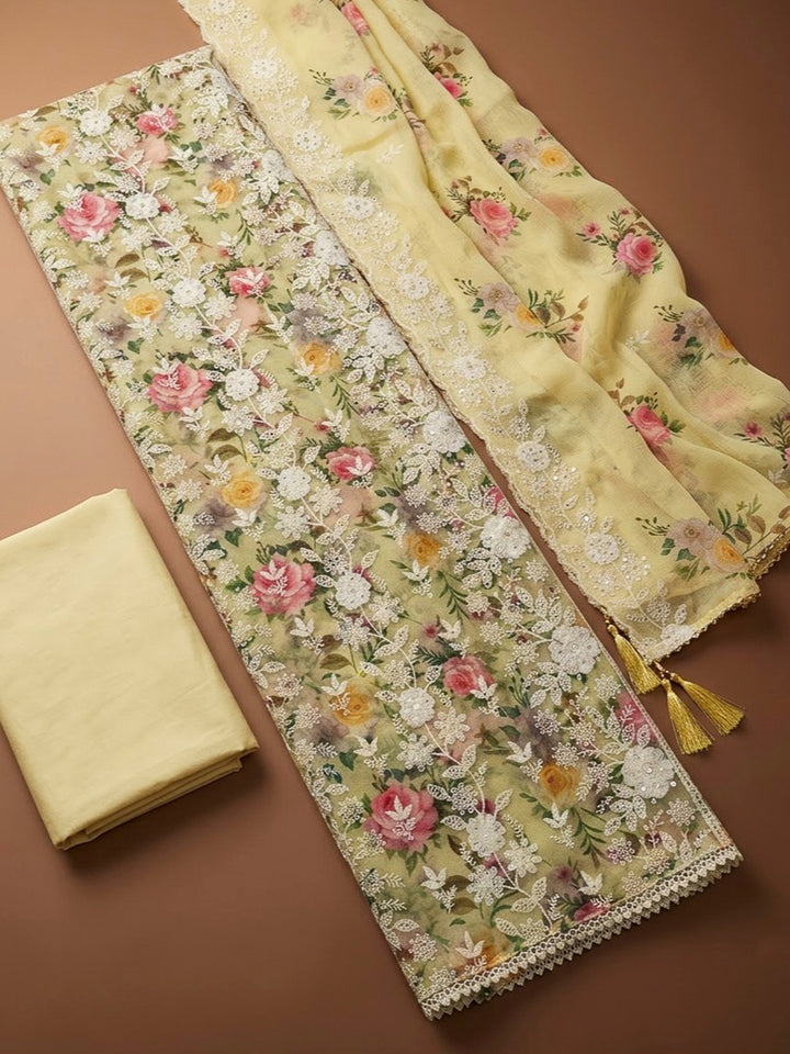Yellow Chanderi Embroidered Unstitched Dress Material