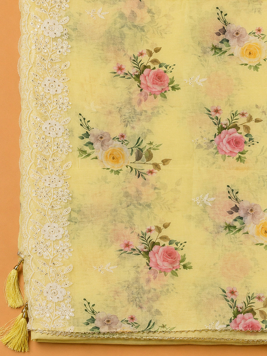 Yellow Chanderi Embroidered Unstitched Dress Material