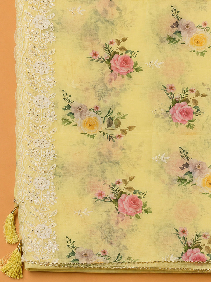 Yellow Chanderi Embroidered Unstitched Dress Material