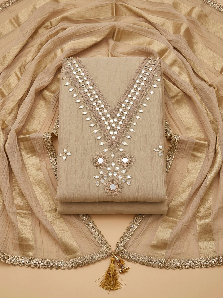 Cream Chanderi Embroidered Unstitched Dress Material
