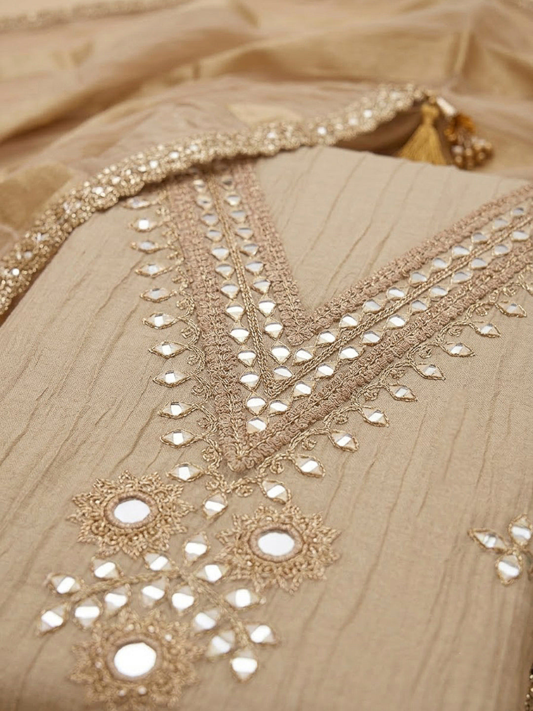 Cream Chanderi Embroidered Unstitched Dress Material