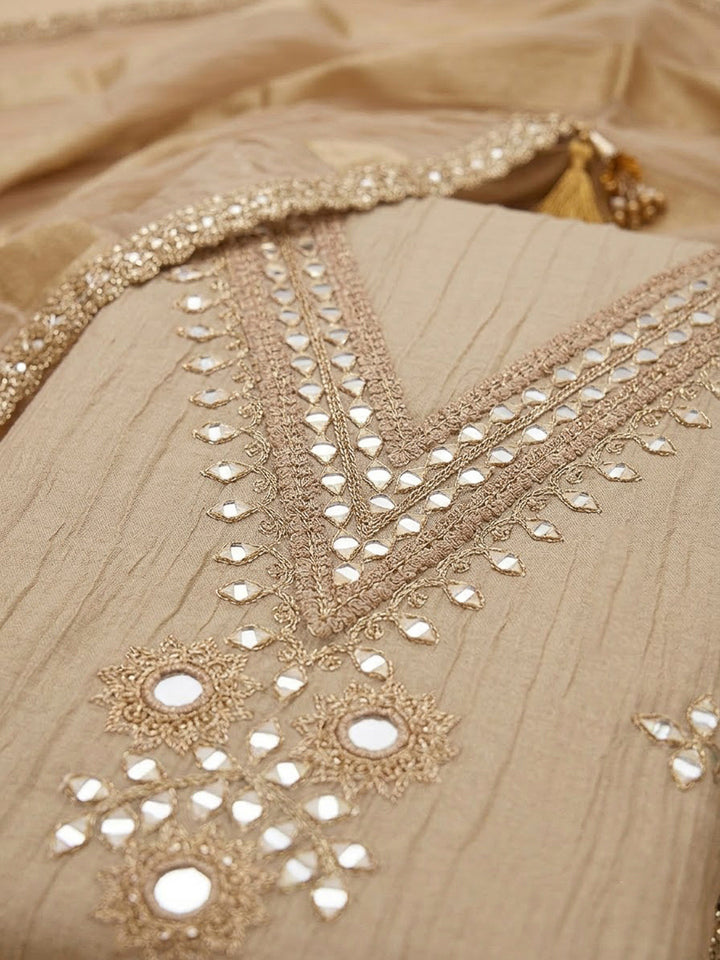 Cream Chanderi Embroidered Unstitched Dress Material