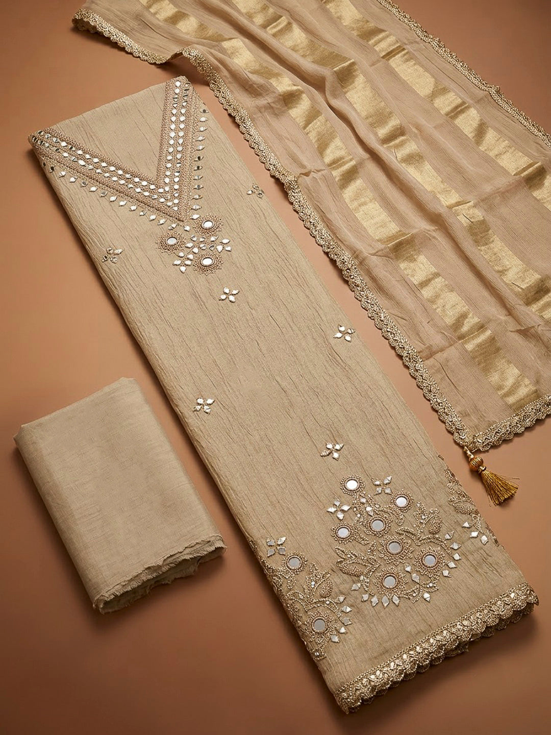 Cream Chanderi Embroidered Unstitched Dress Material