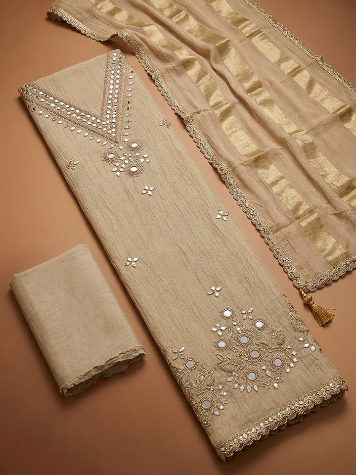 Cream Chanderi Embroidered Unstitched Dress Material