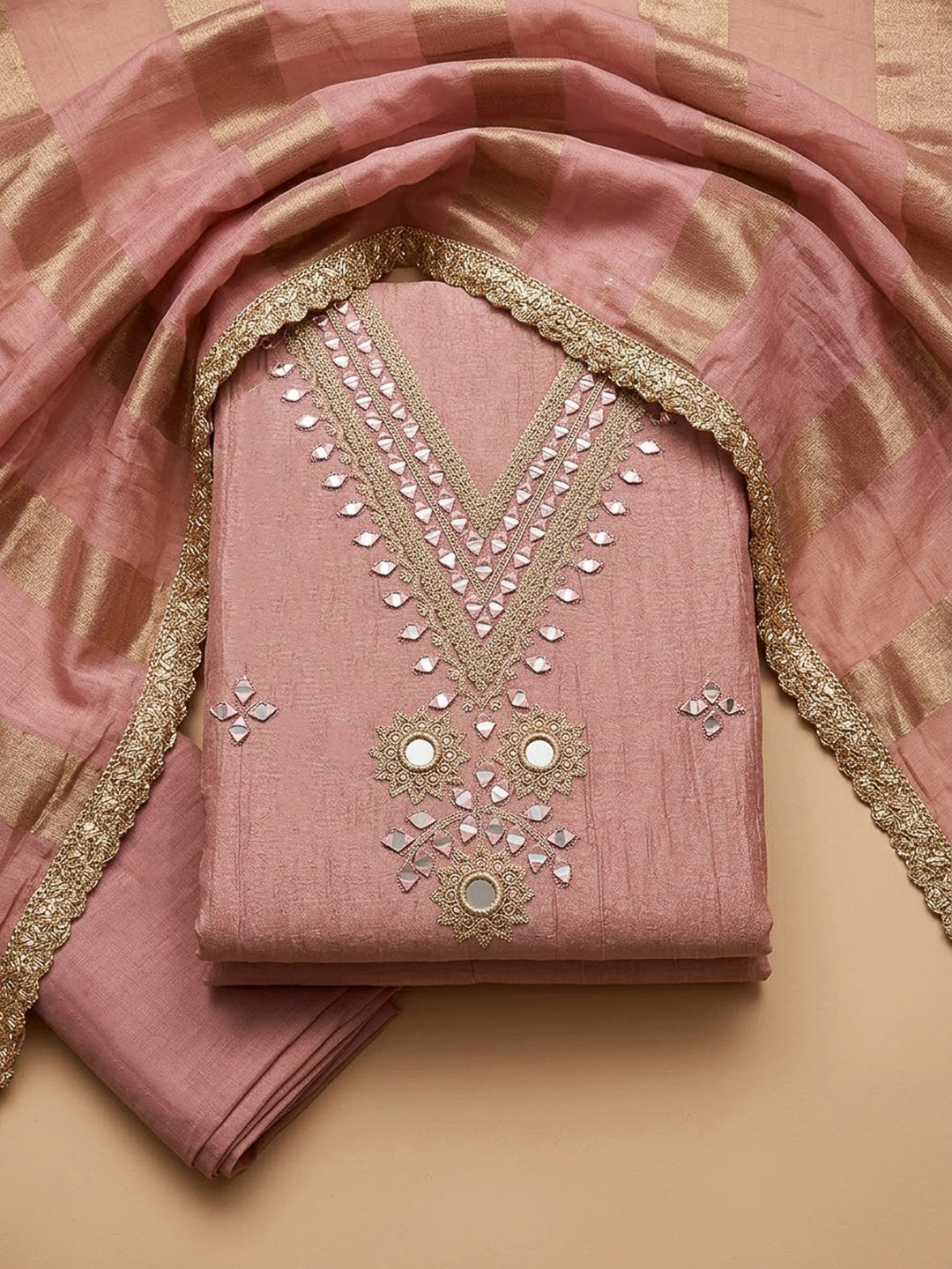 Peach Chanderi Embroidered Unstitched Dress Material