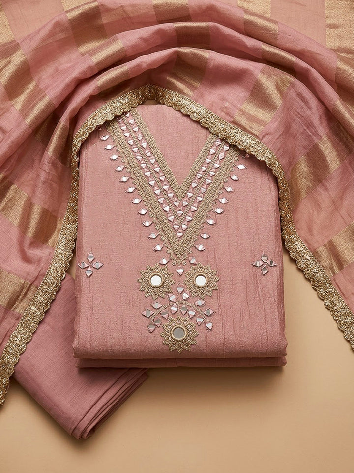 Peach Chanderi Embroidered Unstitched Dress Material