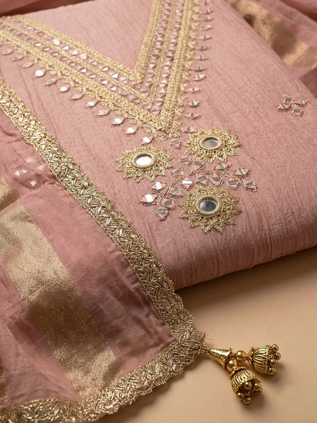 Peach Chanderi Embroidered Unstitched Dress Material