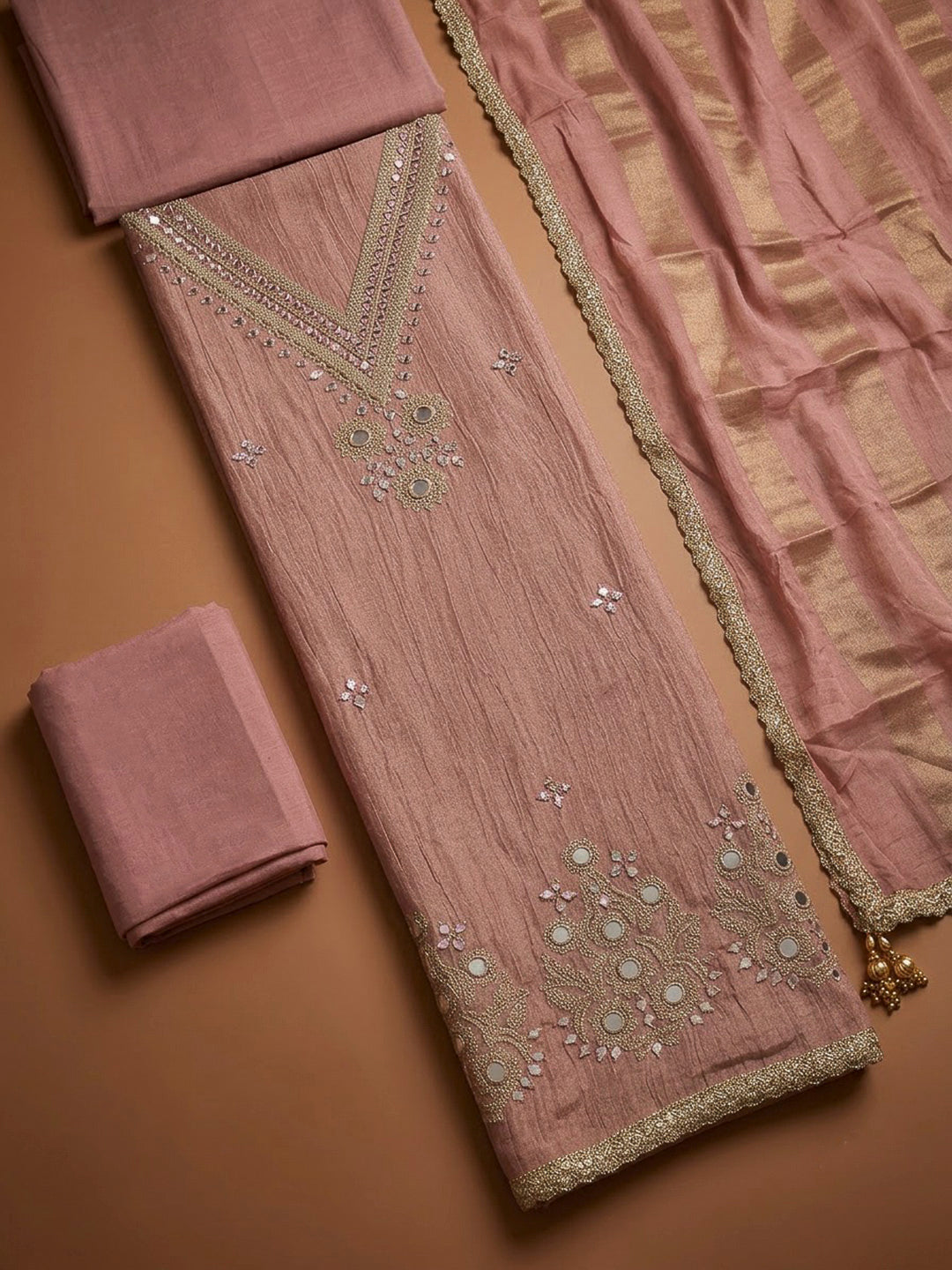 Peach Chanderi Embroidered Unstitched Dress Material