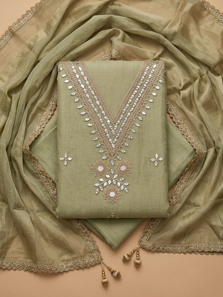 Pista Green Chanderi Embroidered Unstitched Dress Material