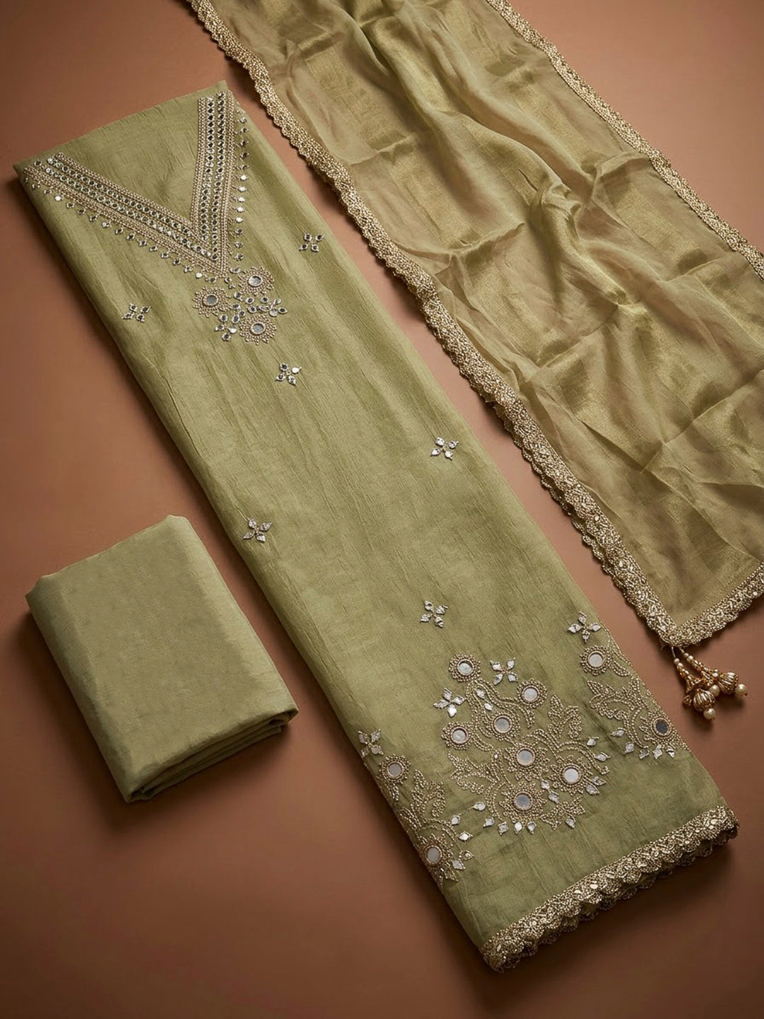 Pista Green Chanderi Embroidered Unstitched Dress Material