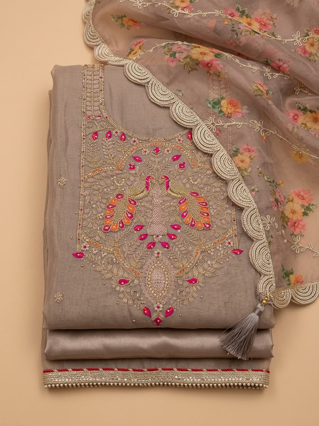 Onion Pink Chanderi Embroidered Unstitched Dress Material