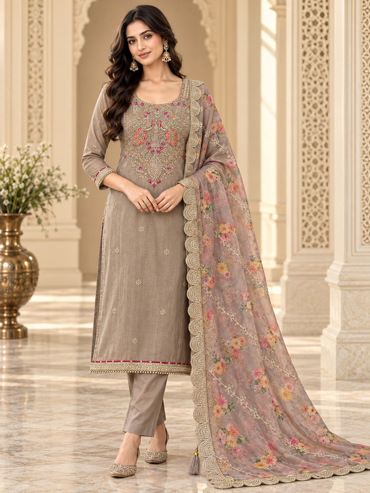 Onion Pink Chanderi Embroidered Unstitched Dress Material