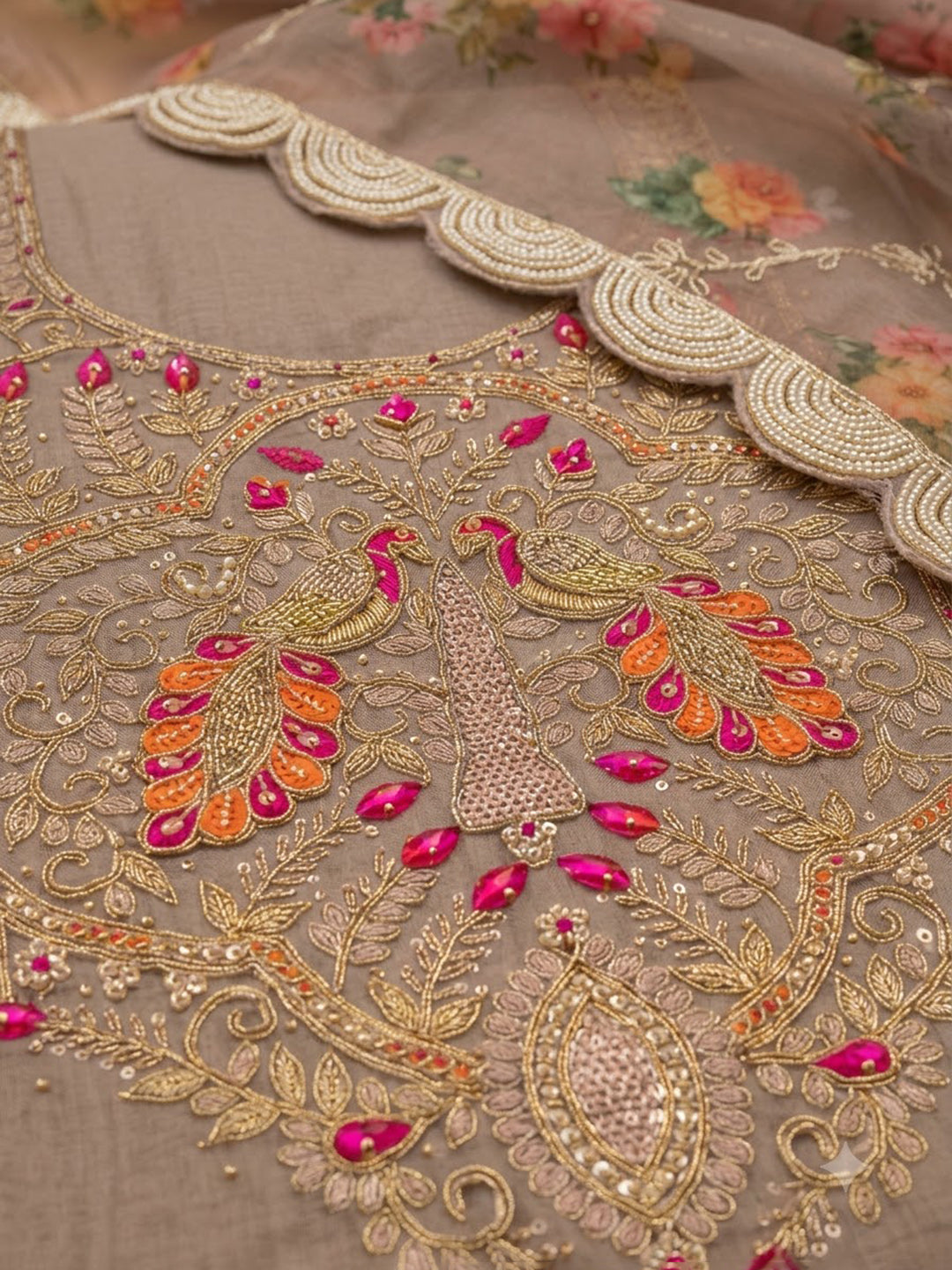 Onion Pink Chanderi Embroidered Unstitched Dress Material