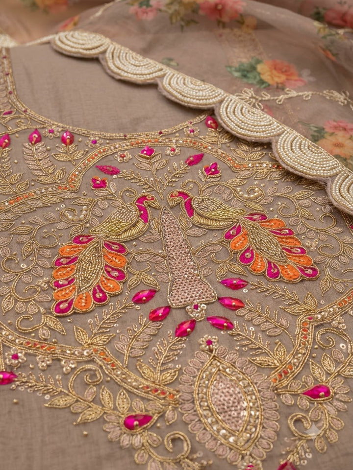 Onion Pink Chanderi Embroidered Unstitched Dress Material