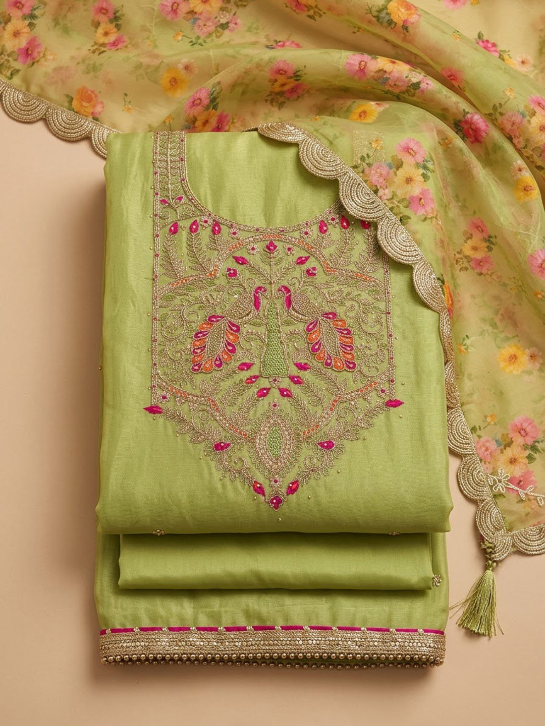 Pista Green Chanderi Embroidered Unstitched Dress Material