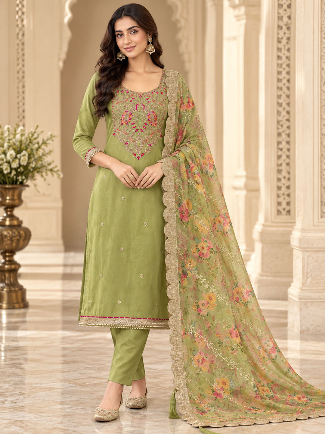 Pista Green Chanderi Embroidered Unstitched Dress Material