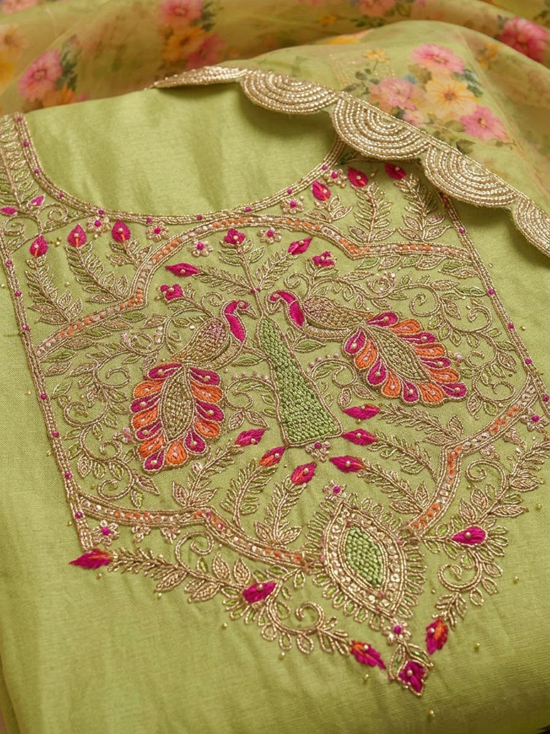 Pista Green Chanderi Embroidered Unstitched Dress Material