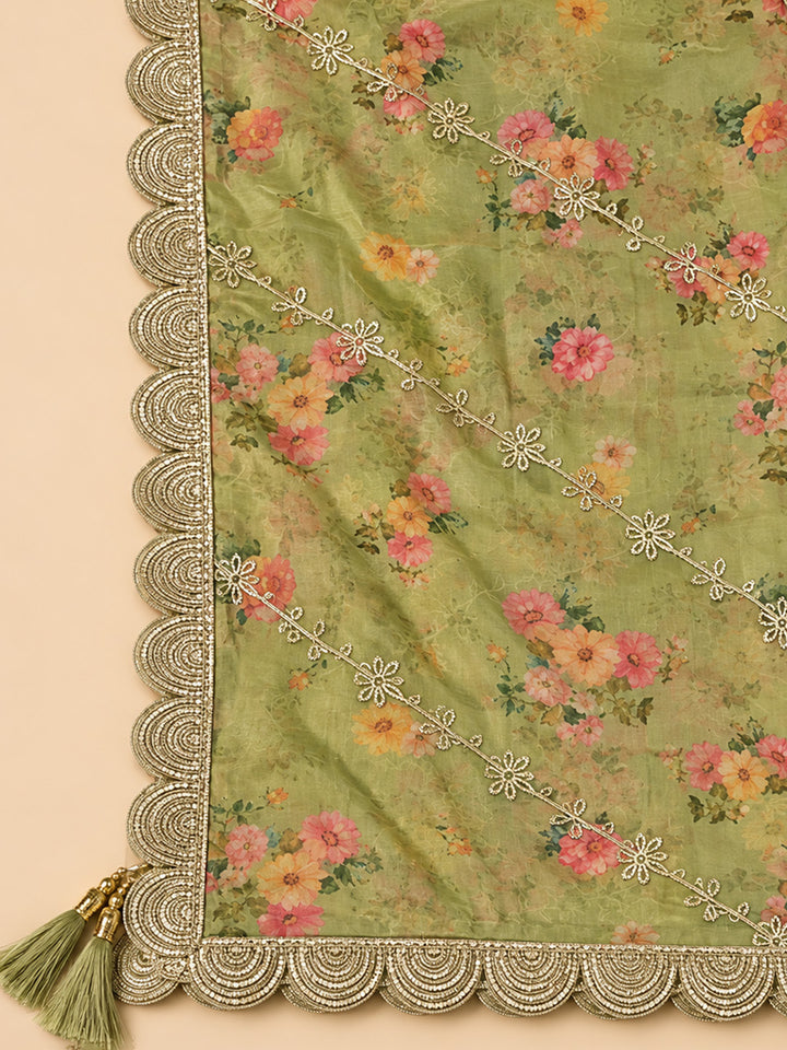 Pista Green Chanderi Embroidered Unstitched Dress Material