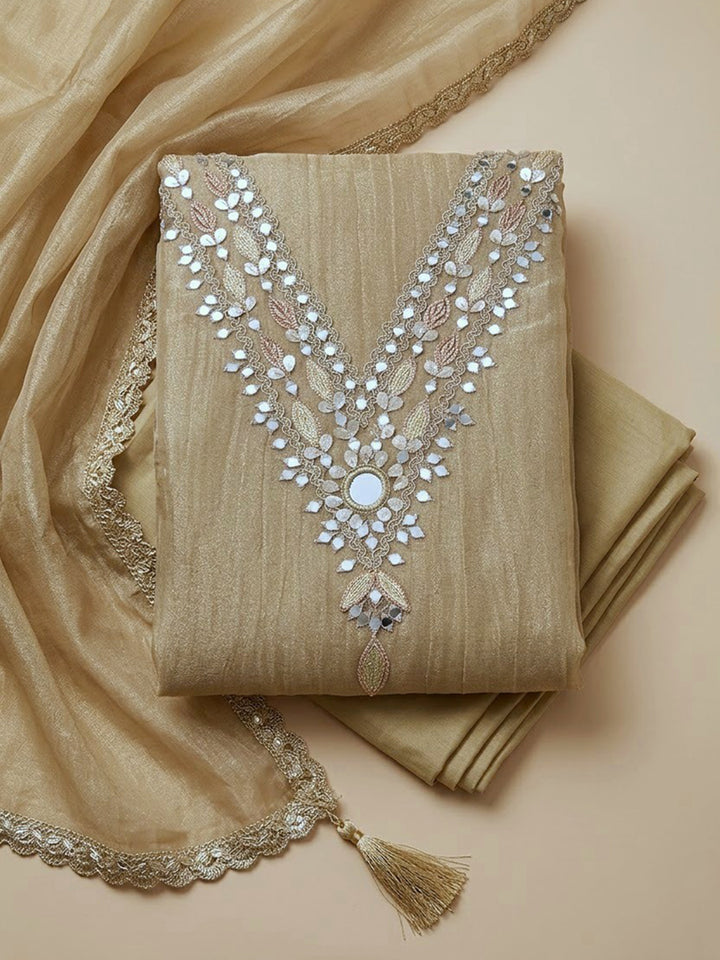 Beige Organza Embroidered Unstitched Dress Material