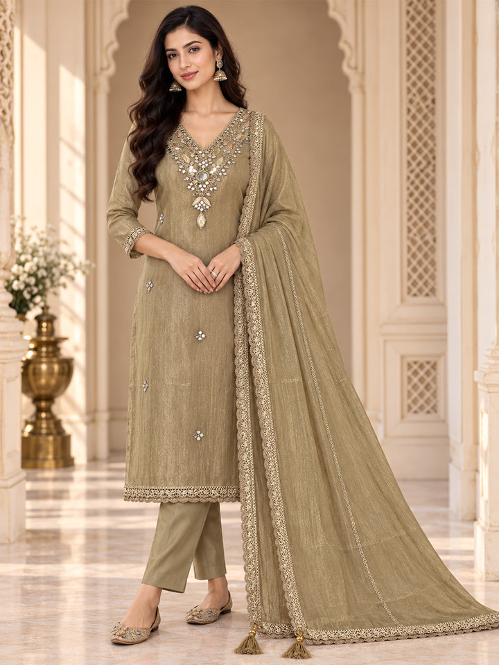 Beige Organza Embroidered Unstitched Dress Material