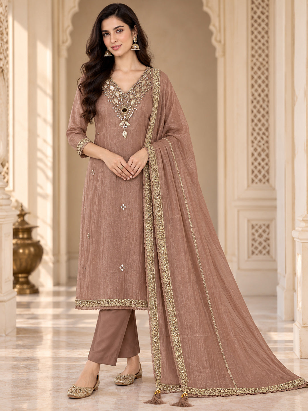 Peach Organza Embroidered Unstitched Dress Material